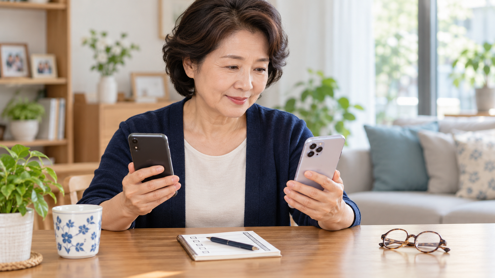 새 휴대전화로 바꾸기 전 두 스마트폰을 확인하는 중년 여성
