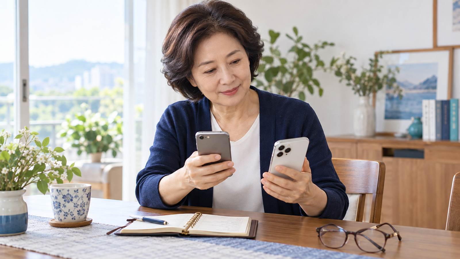 새 휴대전화로 연락처를 옮기기 위해 두 대의 휴대전화를 확인하는 중년 여성