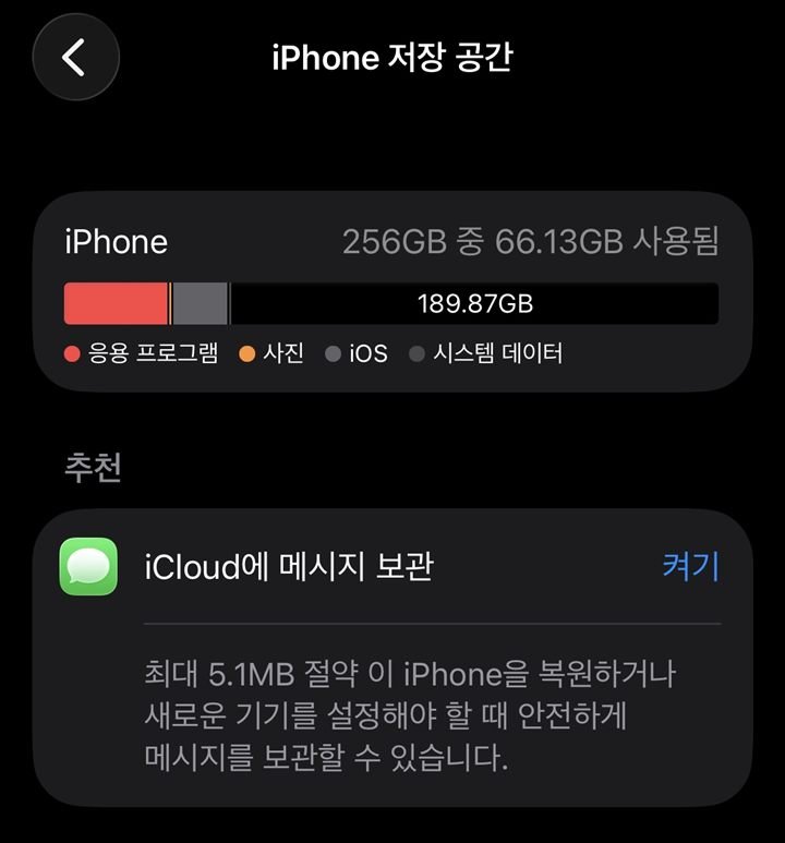 아이폰 저장 공간 화면 위쪽. 256GB 중 66.13GB 사용됨과 iCloud 메시지 보관 추천이 보임